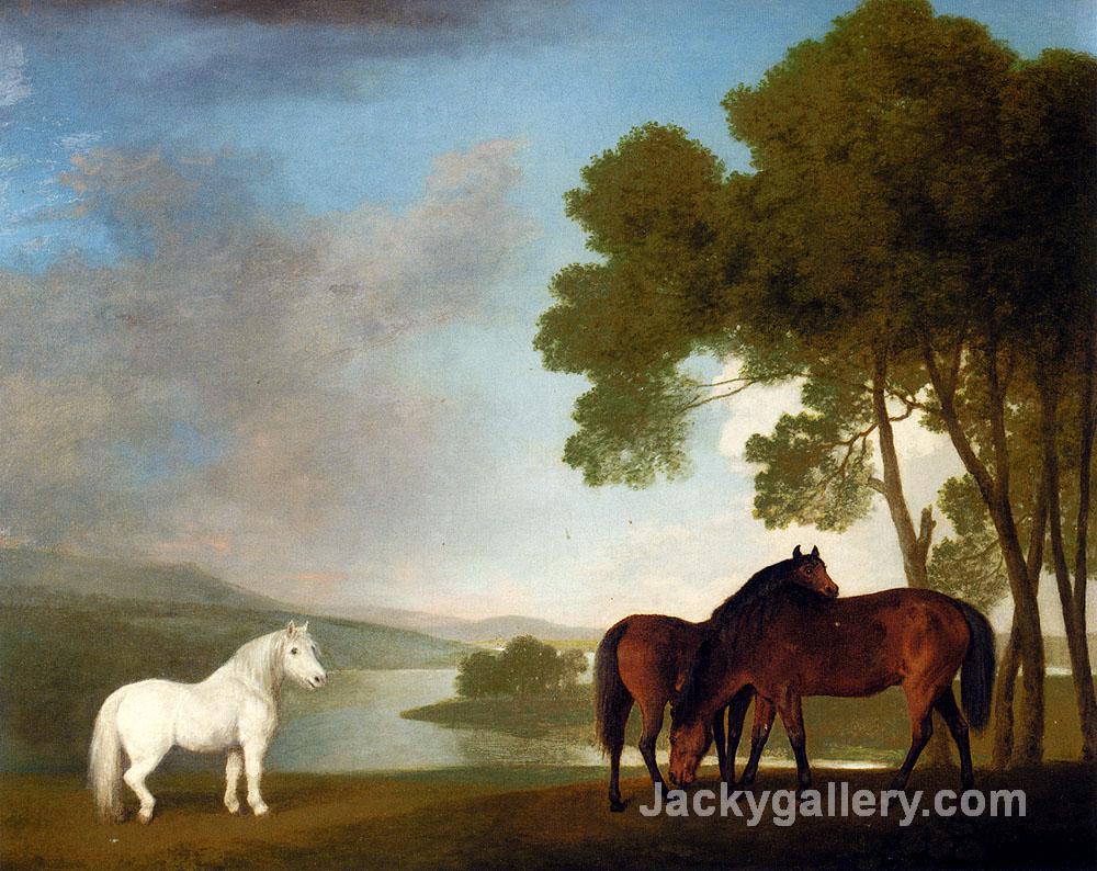 Two Bay Mares And A Grey Pony In A Landscape by George Stubbs paintings reproduction - Click Image to Close